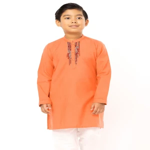 Orange Striped and Embroidered Viscose-Cotton Panjabi